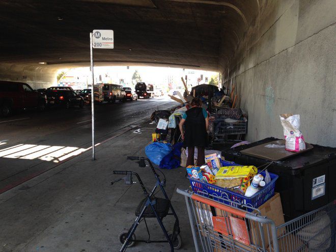 Echo Park homeless encampment under 101 Freeway at Alvarado